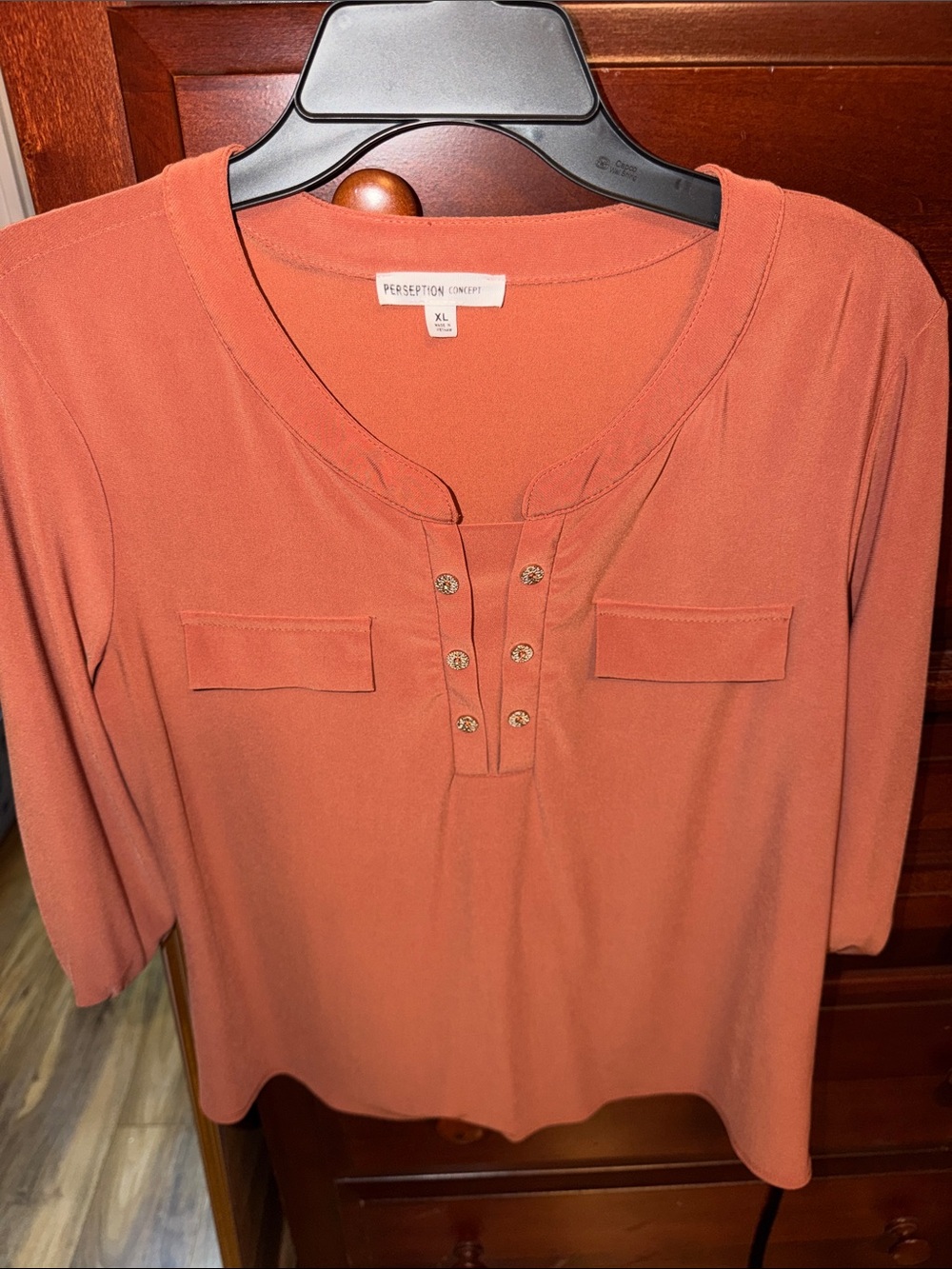 PerSeption Concept Women's Rust Henley Tunic with Decorative Buttons